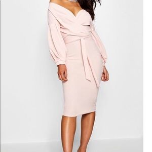 Off Shoulder Wrap Midi Bodycon Dress